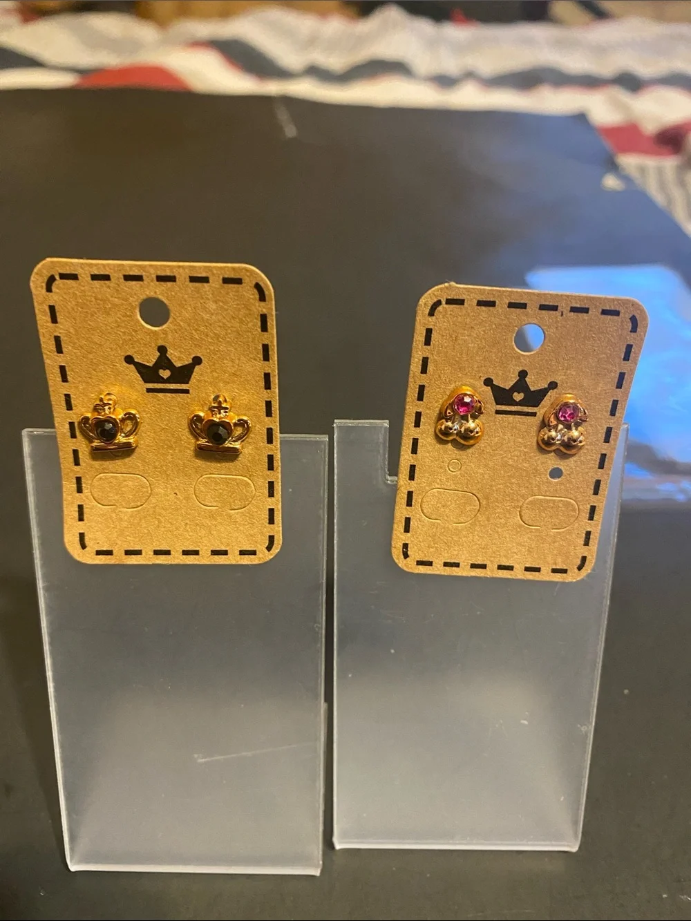 Kids Gold-tone Crown Stud Earrings with Pink Gem Accent
